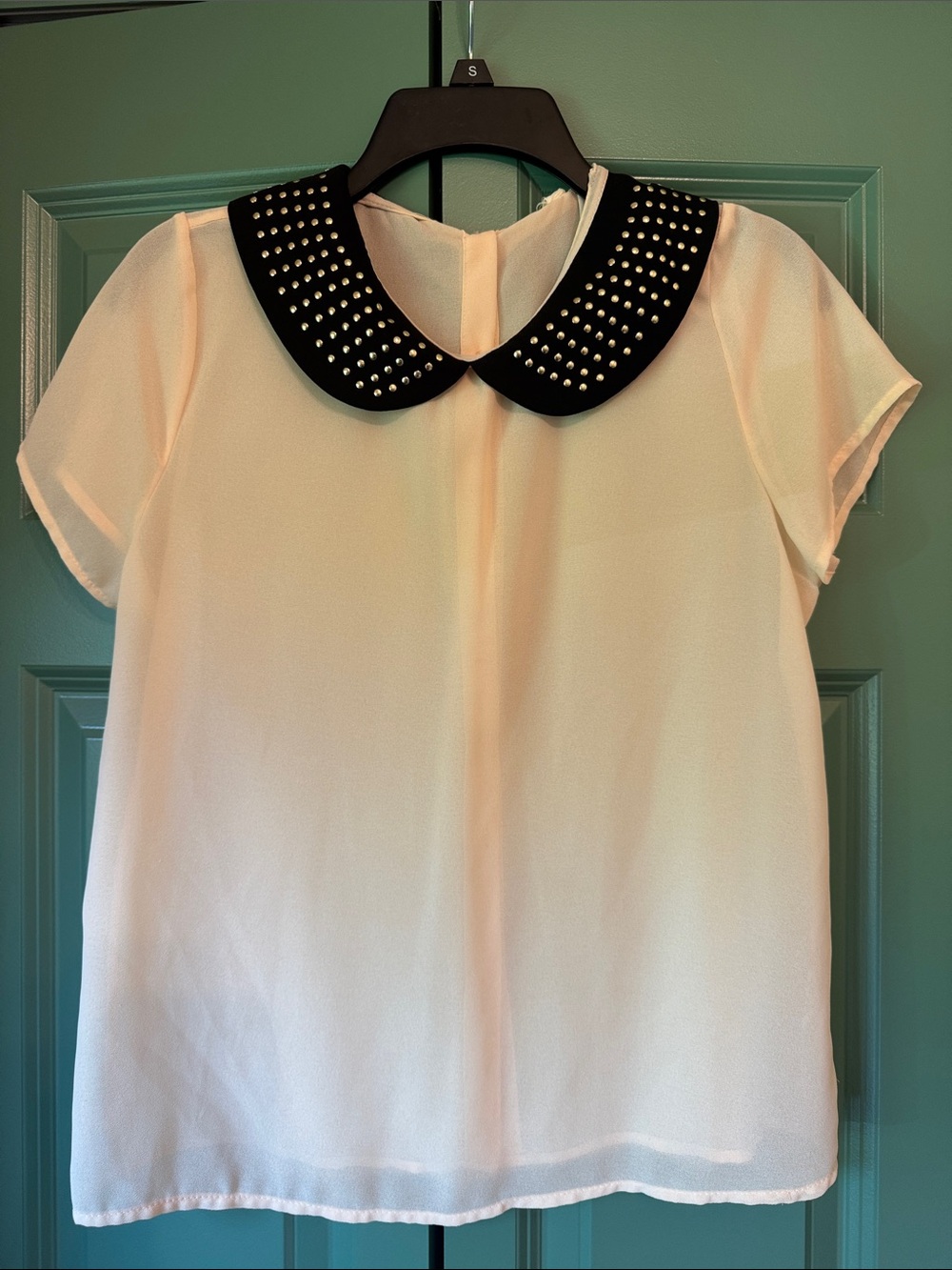 Studded Peter Pan Collar Blouse - Cream, semi-sheer
